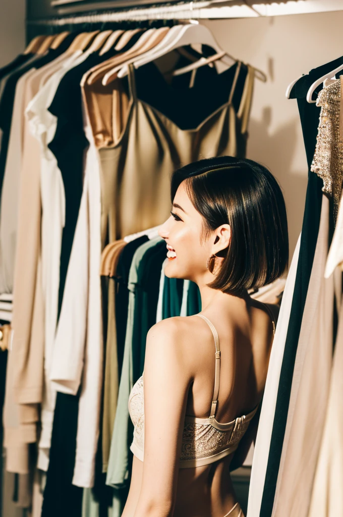 ((Shoulder-length straight bob hair)),((Very short ponytail)),Extremely detailed CG),(((8K))),wallpaper,((Very sophisticated and beautiful)),(((masterpiece))),(((Highest quality))),(((超High resolution))),Beautiful lighting，Perfect Lightning,Realistic shadows，[High resolution],(Smooth and perfect white skin:1.5),Extremely detailed facial details,Super detailed,girl,alone,Small Head,Small face,Clear Face,Exquisite makeup,at home,(in the clothing room:1.2),(Stand next to the wardrobe:1.3),(many women's clothing hanging in the wardrobe:1.3),(Laughter:1.2),(Perfect body:1.1),Small breasts,Flat Chest,slim,thin,(Beige tank top:1.3),Bare back,(Beige quarter cut briefs:1.2),Thin legs,(From the back:1.2),Daytime scenery,Dim Light,Blue-green wall