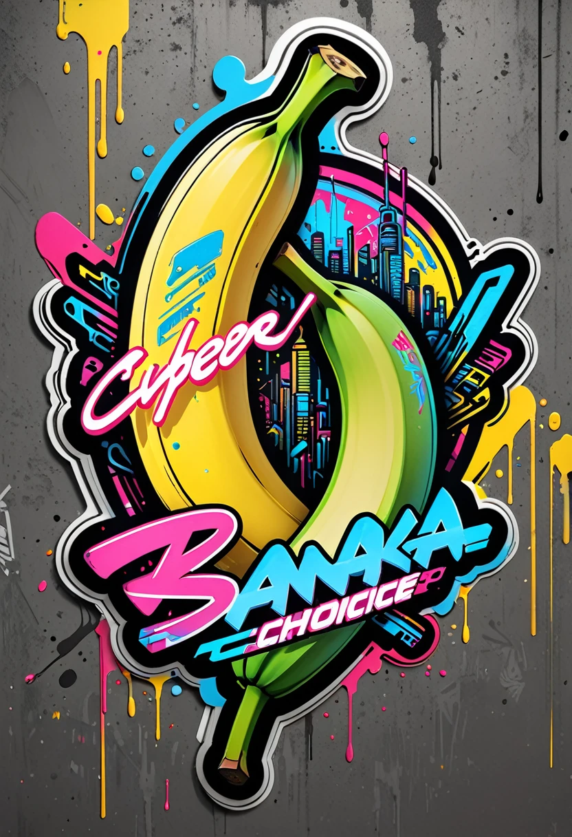 art vectoriel,Create a sticker illustration of a banana inspired by the video game Cyberpunk 2077 with a 2D graffiti effect. The sticker should maintain the shape of a banana with a prominent white outline around the edges. The interior of the banana should be stylized with the following elements in a graffiti style:
- A deep matte black peel symbolizing the dark streets of Night City.
- Blue neon circuit lines running across the banana’s surface, resembling cybernetic implants, with a spray-paint texture.
- The "Samurai" logo near the tip of the banana, designed in a graffiti font and style.
- Stickers of in-game brands like Arasaka and Militech, and gang symbols like "The Moxes", all depicted with a street art aesthetic.
- Modernized tribal tattoo motifs and hacking icons in red and green neon, rendered with a graffiti effect.
- Sections with light effects mimicking the neon lights of Night City, with a pulsating spray-paint effect around the circuits.
- A small, metallic chrome-plated label near the base with the inscription "Cyber Choice" in a graffiti font.
The illustration should be vibrant, edgy, and high-tech, with the stylized interior capturing the futuristic and dystopian ambiance of Cyberpunk 2077, all within the iconic shape of a banana and infused with a 2D graffiti style.
