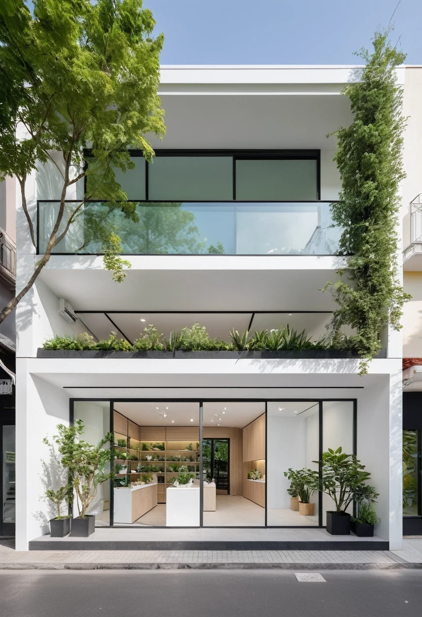 A modern one-story house with a small furniture showroom, with a facade less than 5 meters wide. The design includes large glass windows and doors, vertical display shelves, large mirrors, and well-placed lighting inside the showroom. The exterior features white and pastel tones with integrated green plants. The house is located on a street corner with a sidewalk and trees, providing a welcoming atmosphere. The showroom layout is organized for easy movement and optimal product visibility