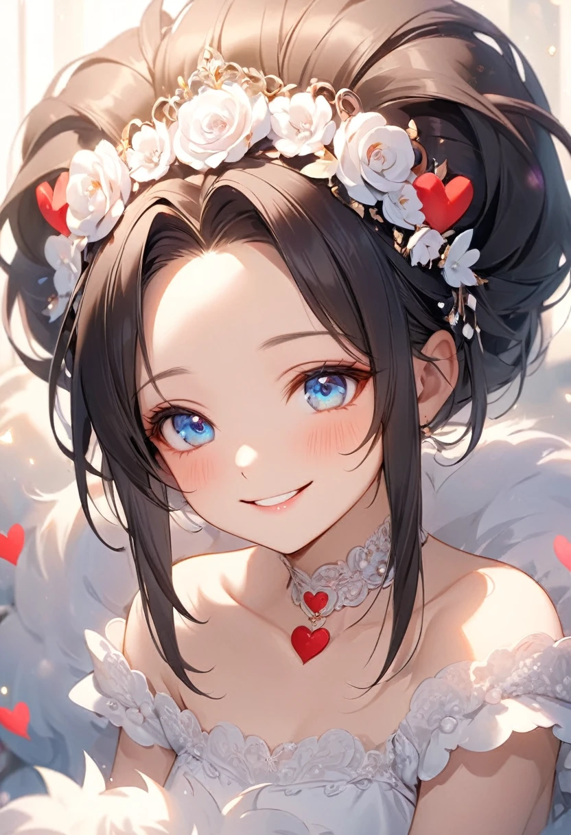 ( best quality:1.2), 1 Girl only,Solitary,forehead, Skin details, Beautiful facial features, ((fluffy dark  hair)),Exquisite makeup, ((Exquisite eyes)), Eye details, he is 20 years old,wearing a beautiful dress, choker ,(((big smiling))),((dreaming theme)),happy,kindness,soft focus,white soft lighting,(((heart motif a lot)))