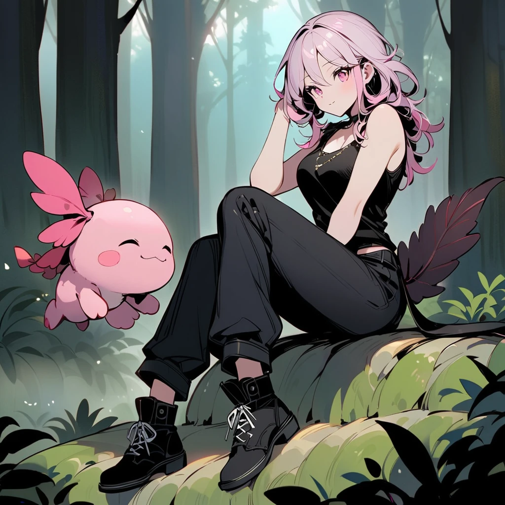 (well done: 1) woman, axolotl gills and tail, slightly wavy white-pink hair, fair skin, black tank top with white details, black pants, black shoes.  sitting on a rock in a forest.