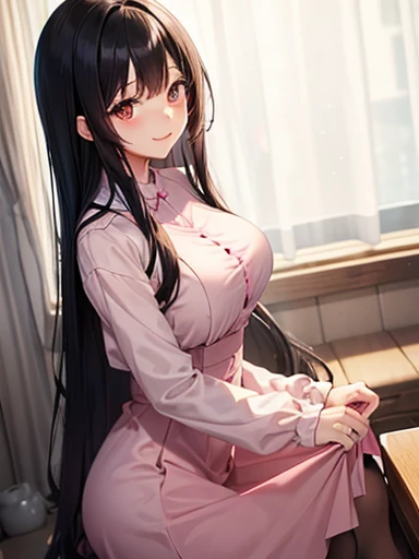 Long black hair. Anime Girls. Asian Girl. Ulzzang. Brown eyes. smile. Pink dress.、Large Breasts