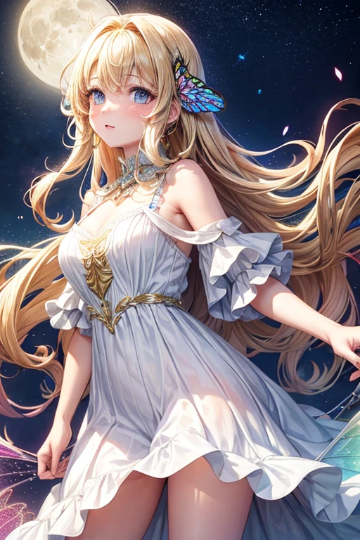 Highly Detailed CG Unity 8K Wallpaper, pretty girl, Mature blonde girl, Half Up,beautiful girl, Hot Maiden, Pale skin (super masterpiece, Fantasy art with intricate detail:1.5,Beautiful person, Well detailed face polluted smile, Her flat chest is completely hidden by her dress、Realistic, Surreal), Pray to the stars,Girl holding cute white cat with big eyes in her arms