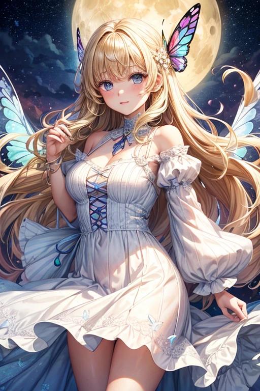 A girl with rainbow butterfly wings on her shoulders,full moon,long,Curly Hair,Vertical Roll,Blonde,blue eyes,White Dress,One adult woman,Lady