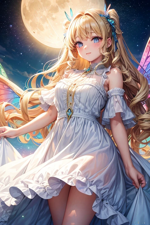 A girl with rainbow butterfly wings on her shoulders,full moon,long,Curly Hair,Vertical Roll,Blonde,blue eyes,White Dress,One adult woman,Lady