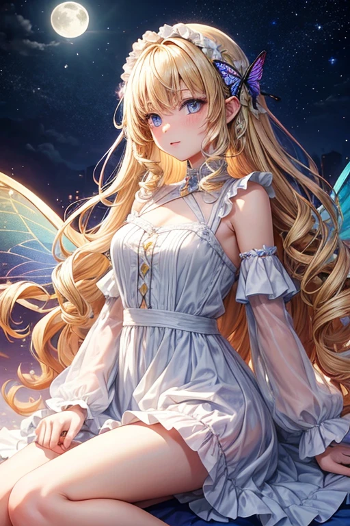 A girl with large rainbow butterfly wings growing from her shoulders,full moon,long,Curly Hair,Vertical Roll,Blonde,blue eyes,White Dress,One adult woman,Lady,Dancing