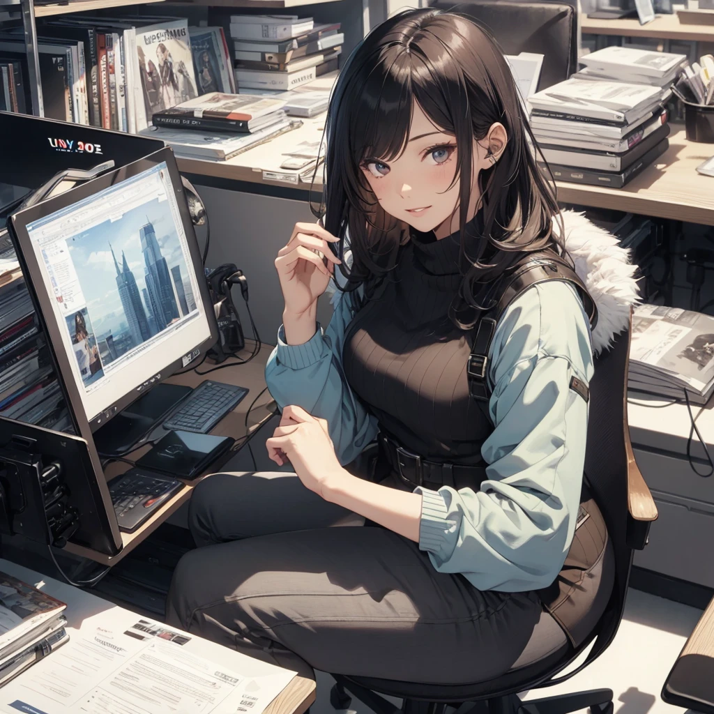 (Best Quality, Masterpiece), office lady Magazine Cover, 1girl,Magazine Cover, 1girl, amazing 30 years old wife, stunning, cute, warm smile, hourglass figure, floral dress, office desk, office chair,Lulubre Unity 8K Wallpaper, Beautiful background, clearly, Best Quality, The highest resolution, Best aesthetic,extremely detailed CG unity 8k,azine Cover,text, chart, advertising, magazine title