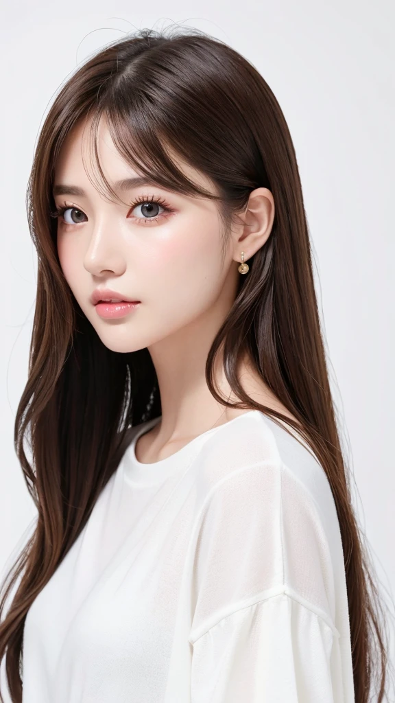 (Highest quality、Tabletop、8K、Best image quality、Award-winning works)、((profile:1.4))、ear、((Long Hair:1.46)),(Brown Hair)、(White casual clothes:1.2)、(The simplest pure white background:1.3)、(Perfectly fixed in front:1.1),(Portrait with Space:1.2)、Beautiful and exquisite、Perfect Makeup、Ultra-high definition beauty face、Ultra HD Hair、Ultra HD Shining Eyes、Super high quality glossy lip、Accurate anatomy、Very beautiful skin、(Pure white skin shining in ultra-high resolution:1.1)、(Very bright:1.2),Big Natural Color Lip、Lip gloss,harajuku、cute、Cute Beauty