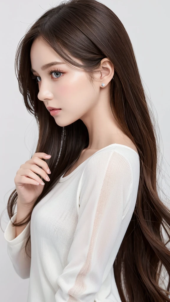 (Highest quality、Tabletop、8K、Best image quality、Award-winning works)、((profile:1.4))、ear、((Long Hair:1.46)),(Brown Hair)、(White casual clothes:1.2)、(The simplest pure white background:1.3)、(Perfectly fixed in front:1.1),(Portrait with Space:1.2)、Beautiful and exquisite、Perfect Makeup、Ultra-high definition beauty face、Ultra HD Hair、Ultra HD Shining Eyes、Super high quality glossy lip、Accurate anatomy、Very beautiful skin、(Pure white skin shining in ultra-high resolution:1.1)、(Very bright:1.2),Big Natural Color Lip、Lip gloss,harajuku、cute、Cute Beauty