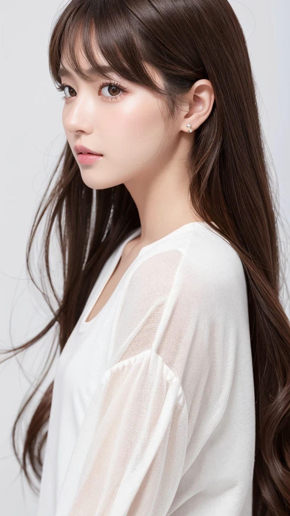 (Highest quality、Tabletop、8K、Best image quality、Award-winning works)、((profile:1.4))、ear、((Long Hair:1.46)),(Brown Hair)、(White casual clothes:1.2)、(The simplest pure white background:1.3)、(Perfectly fixed in front:1.1),(Portrait with Space:1.2)、Beautiful and exquisite、Perfect Makeup、Ultra-high definition beauty face、Ultra HD Hair、Ultra HD Shining Eyes、Super high quality glossy lip、Accurate anatomy、Very beautiful skin、(Pure white skin shining in ultra-high resolution:1.1)、(Very bright:1.2),Big Natural Color Lip、Lip gloss,harajuku、cute、Cute Beauty