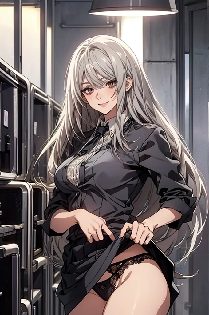 (Highest quality, High resolution, Very detailed), 1 female, Silver Hair, Long Hair, Reddish brown eyes, office staff suit skirt, lace thong, secretary, 24th generation, Beautiful woman, mature, quiet, Calm, Large Breasts, A small smile, office,