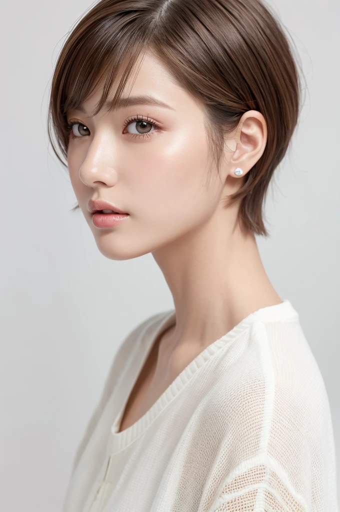 (Highest quality、Tabletop、8K、Best image quality、Award-winning works)、((profile:1.4))、ear、((short hair:1.46)),(Brown Hair)、(White casual clothes:1.2)、(The simplest pure white background:1.3)、(Perfectly fixed in front:1.1),(Portrait with Space:1.2)、Beautiful and exquisite、Perfect Makeup、Ultra-high definition beauty face、Ultra HD Hair、Ultra HD Shining Eyes、Super high quality glossy lip、Accurate anatomy、Very beautiful skin、(Pure white skin shining in ultra-high resolution:1.1)、(Very bright:1.2),Big Natural Color Lip、Lip gloss,Harajuku、cute、cute美人