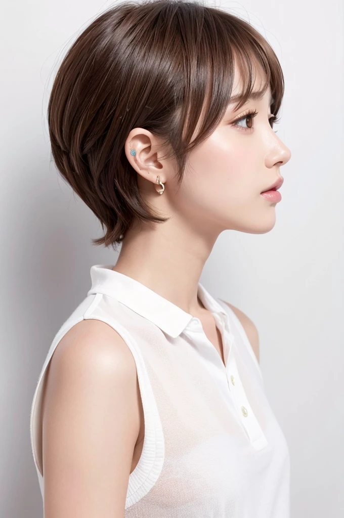 (Highest quality、Tabletop、8K、Best image quality、Award-winning works)、((profile:1.4))、ear、((short hair:1.46)),(Brown Hair)、(White casual clothes:1.2)、(The simplest pure white background:1.3)、(Perfectly fixed in front:1.1),(Portrait with Space:1.2)、Beautiful and exquisite、Perfect Makeup、Ultra-high definition beauty face、Ultra HD Hair、Ultra HD Shining Eyes、Super high quality glossy lip、Accurate anatomy、Very beautiful skin、(Pure white skin shining in ultra-high resolution:1.1)、(Very bright:1.2),Big Natural Color Lip、Lip gloss,Harajuku、cute、cute美人