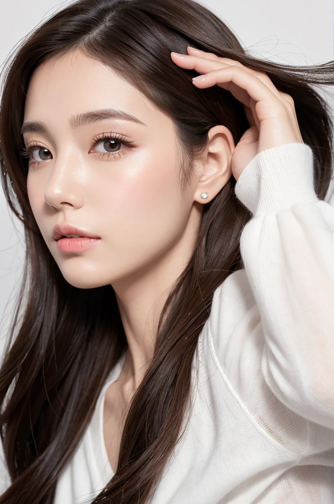 (Highest quality、Tabletop、8K、Best image quality、Award-winning works)、((profile:1.4))、ear、((Long Hair:1.46)),(Brown Hair)、(White casual clothes:1.2)、(The simplest pure white background:1.3)、(Perfectly fixed in front:1.1),(Portrait with Space:1.2)、Beautiful and exquisite、Perfect Makeup、Ultra-high definition beauty face、Ultra HD Hair、Ultra HD Shining Eyes、Super high quality glossy lip、Accurate anatomy、Very beautiful skin、(Pure white skin shining in ultra-high resolution:1.1)、(Very bright:1.2),Big Natural Color Lip、Lip gloss,Harajuku、cute、cute美人