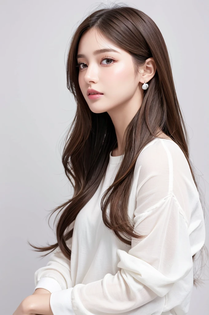 (Highest quality、Tabletop、8K、Best image quality、Award-winning works)、((profile:1.4))、ear、((Long Hair:1.46)),(Brown Hair)、(White casual clothes:1.2)、(The simplest pure white background:1.3)、(Perfectly fixed in front:1.1),(Portrait with Space:1.2)、Beautiful and exquisite、Perfect Makeup、Ultra-high definition beauty face、Ultra HD Hair、Ultra HD Shining Eyes、Super high quality glossy lip、Accurate anatomy、Very beautiful skin、(Pure white skin shining in ultra-high resolution:1.1)、(Very bright:1.2),Big Natural Color Lip、Lip gloss,Harajuku、cute、cute美人