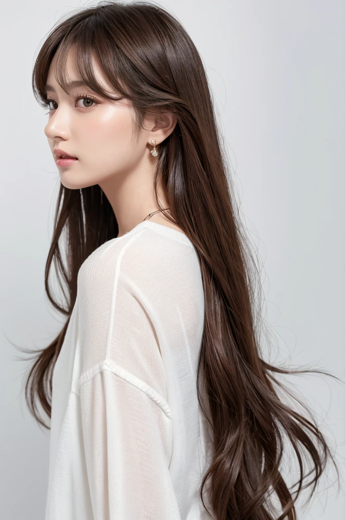 (Highest quality、Tabletop、8K、Best image quality、Award-winning works)、((profile:1.4))、ear、((Long Hair:1.46)),(Brown Hair)、(White casual clothes:1.2)、(The simplest pure white background:1.3)、(Perfectly fixed in front:1.1),(Portrait with Space:1.2)、Beautiful and exquisite、Perfect Makeup、Ultra-high definition beauty face、Ultra HD Hair、Ultra HD Shining Eyes、Super high quality glossy lip、Accurate anatomy、Very beautiful skin、(Pure white skin shining in ultra-high resolution:1.1)、(Very bright:1.2),Big Natural Color Lip、Lip gloss,Harajuku、cute、cute美人