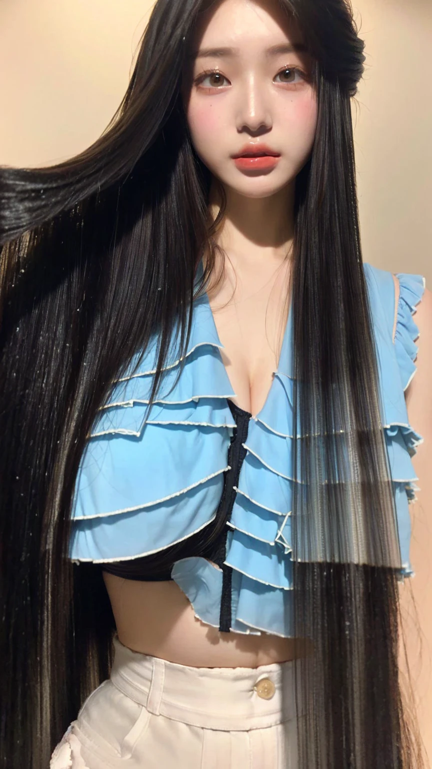 ((best quality, 2 thousand, masterpiece:1.3)),1 Girl,20 years old,Asia,Real Texture:1.3,(Background blur:1.3),Suspender shorts,Slender figure:1.2,(hot weather in summer),Highly detailed face and skin texture,Exquisite eyes,Long eyelashes,Double eyelids,Skin Whitening,Happy,((Layered hairstyle, Large Breasts: 1.5))