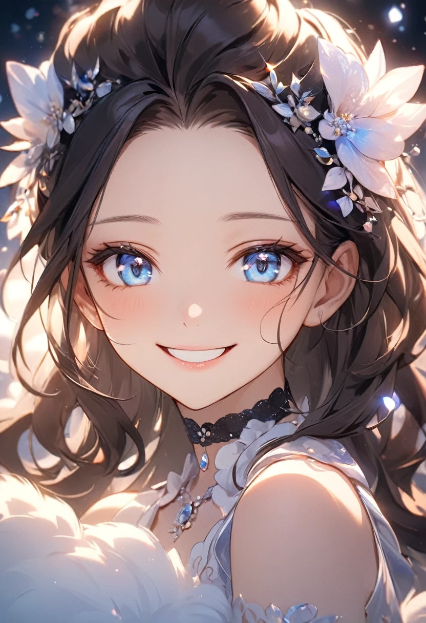 ( best quality:1.2), 1 Girl only,Solitary,forehead, Skin details, Beautiful facial features, ((fluffy dark hair)),Exquisite makeup, ((Exquisite eyes)), Eye details, he is 20 years old,wearing a beautiful dress, choker ,(((big smiling))),((dreaming theme)),happy,kindness,soft focus,white soft lighting