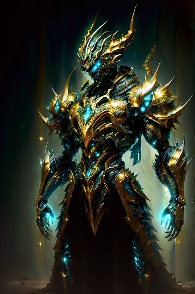(masterpiece:1.2), best quality, high resolution, unity 8k wallpaper, (illustration:1.0), beautiful detailed, extremely detailed, perfect lighting, extremely detailed CG,glowing eyes,backlighting,armor, fake_horns, glowing, full_armor,warframe,humanoid_robot,horns,helmet,mask,sample_background,
looking at the viewer,solo,perspective, full body, dark magic, dazzling energy, voild, eyes of sky very noble, dragon concept armor, pillar of light, waering a platinum robe, machanical hand, negative energy, sliver armor(the colour is gold), Embedded with blue gems,
