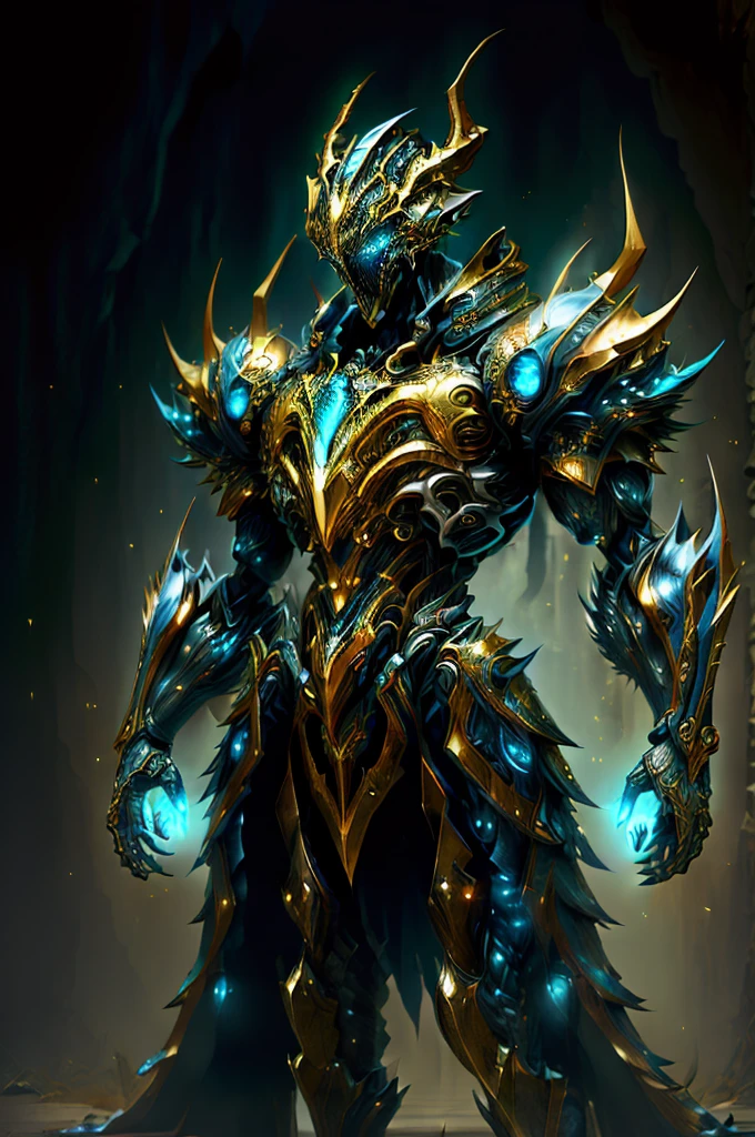 (masterpiece:1.2), best quality, high resolution, unity 8k wallpaper, (illustration:1.0), beautiful detailed, extremely detailed, perfect lighting, extremely detailed CG,glowing eyes,backlighting,armor, fake_horns, glowing, full_armor,warframe,humanoid_robot,horns,helmet,mask,sample_background,
looking at the viewer,solo,perspective, full body, dark magic, dazzling energy, voild, eyes of sky very noble, dragon concept armor, pillar of light, waering a platinum robe, machanical hand, negative energy, sliver armor(the colour is gold), Embedded with blue gems,