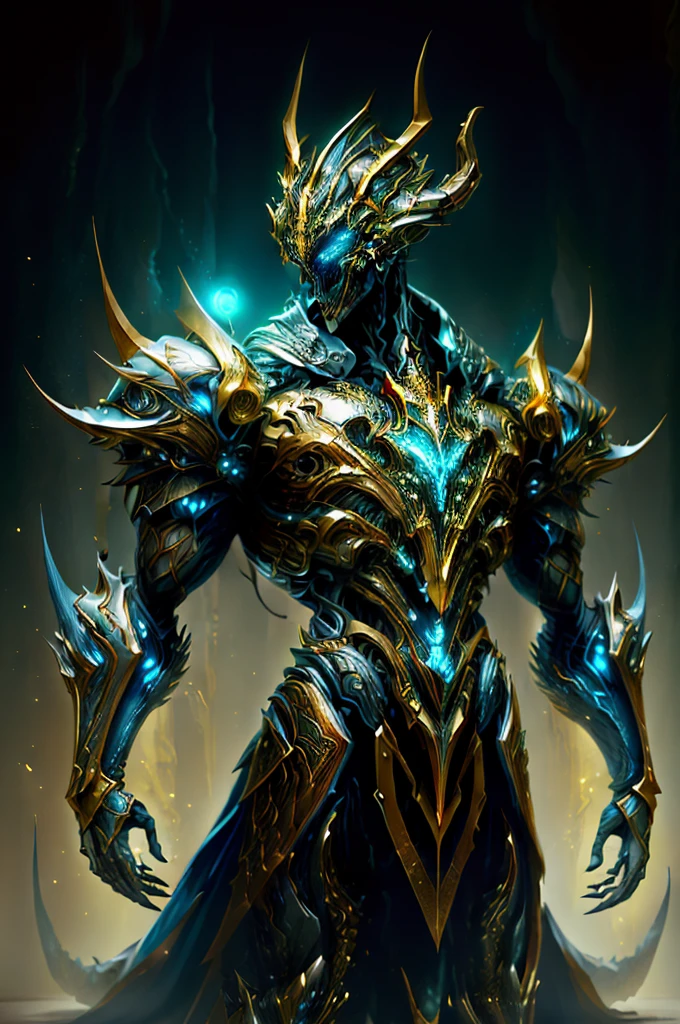 (masterpiece:1.2), best quality, high resolution, unity 8k wallpaper, (illustration:1.0), beautiful detailed, extremely detailed, perfect lighting, extremely detailed CG,glowing eyes,backlighting,armor, fake_horns, glowing, full_armor,warframe,humanoid_robot,horns,helmet,mask,sample_background,
looking at the viewer,solo,perspective, full body, dark magic, dazzling energy, voild, eyes of sky very noble, dragon concept armor, pillar of light, waering a platinum robe, machanical hand, negative energy, sliver armor(the colour is gold), Embedded with blue gems,