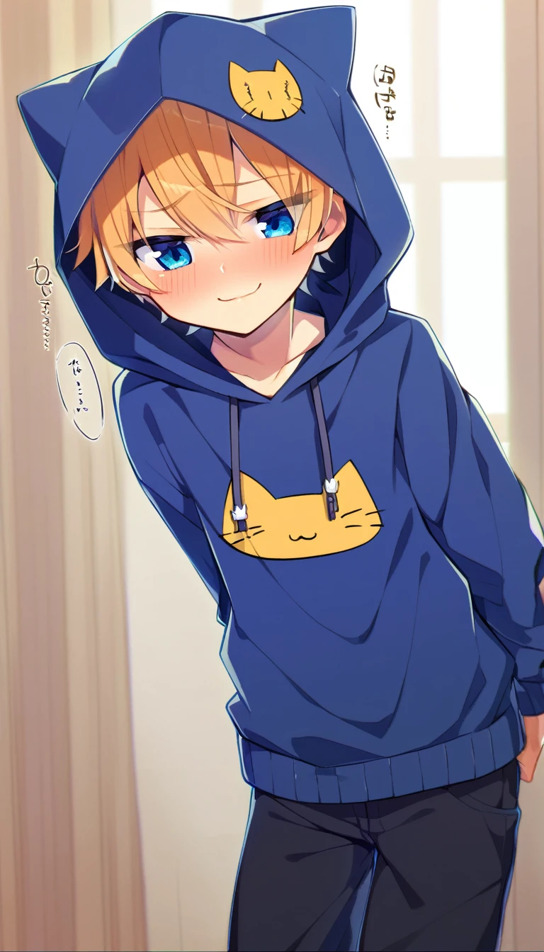 oe boy, cat hoodie, cute, cool, lovely, naive, short pants, look at me, handsome, shota, light blue eyes, smile, cowboy shota, blush, shy, embarrassed
