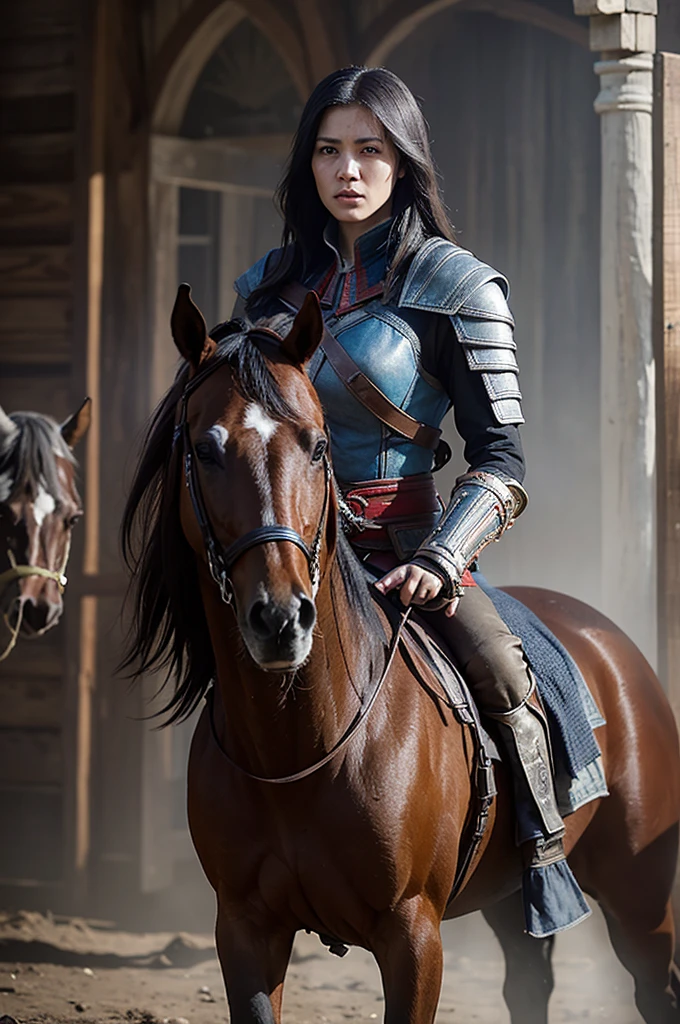 Portrait of a warrior woman stands in front of horse, Assassin's Creed game, photo realistic, post apocalypt