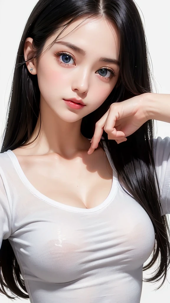 (((White 、black hair,forehead、White background、white t-shirt))), bright, Refreshing and gentle look, Perfect beautiful face、White ロングヘア,Beautiful and shiny hair, Very beautiful girl, eyeliner, So perfect and beautiful、Lovely large, clear, sky-blue eyes,large breasts,Random pose,