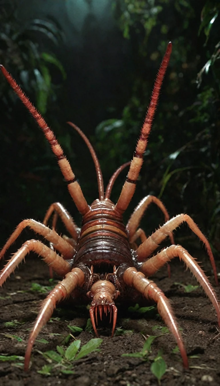 perspective, perspective, Giant horrific centipede with poisonous fangs attacks the camera,  Scolopendra, beetle-tarantula Cinematic, dramatic, an  ominous, Monstrous,((( The small human-shaped figure in the center、He is facing the monster in the center with his arms outstretched forward.))), wide scene, centipede, dozens of legs on one long centipede body, Ending, huge昆虫, Dripping Poison,  (A pair of symmetrical blade blades, Each side of the head、Located behind the eyes:1.2), Cinematic, real, evil, Mantis head, Hairy, Giant , huge, Glowing Eyes:1.4, Three bloody heads on the insect&#39;s neck, Thorn, A pair of claws