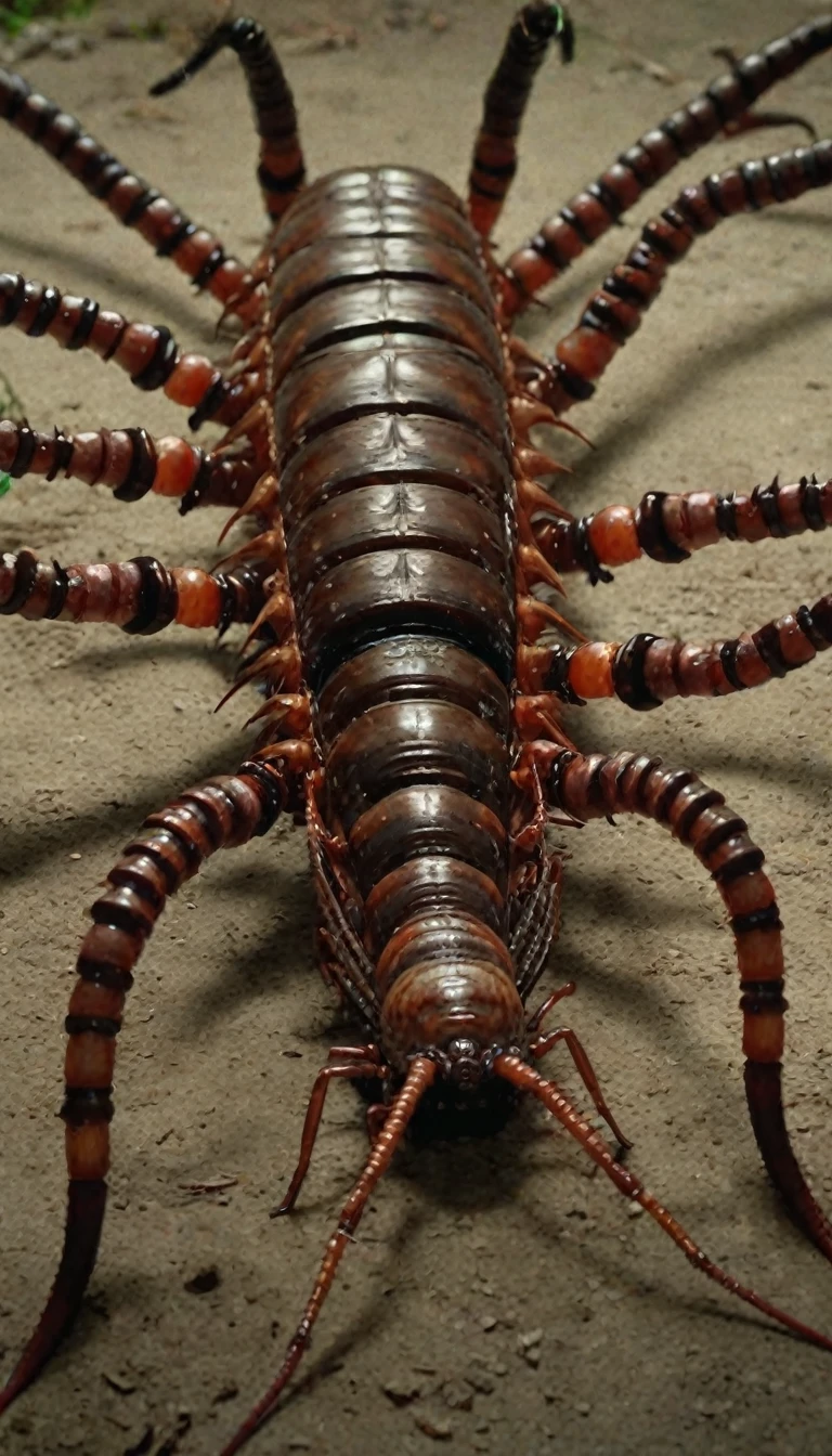 perspective, perspective, Giant horrific centipede with poisonous fangs attacks the camera,  Scolopendra, beetle-tarantula Cinematic, dramatic, an  ominous, Monstrous,((( The small human-shaped figure in the center、He is facing the monster in the center with his arms outstretched forward.))), wide scene, centipede, dozens of legs on one long centipede body, Ending, huge昆虫, Dripping Poison,  (A pair of symmetrical blade blades, Each side of the head、Located behind the eyes:1.2), Cinematic, real, evil, Mantis head, Hairy, Giant , huge, Glowing Eyes:1.4, Three bloody heads on the insect&#39;s neck, Thorn, A pair of claws