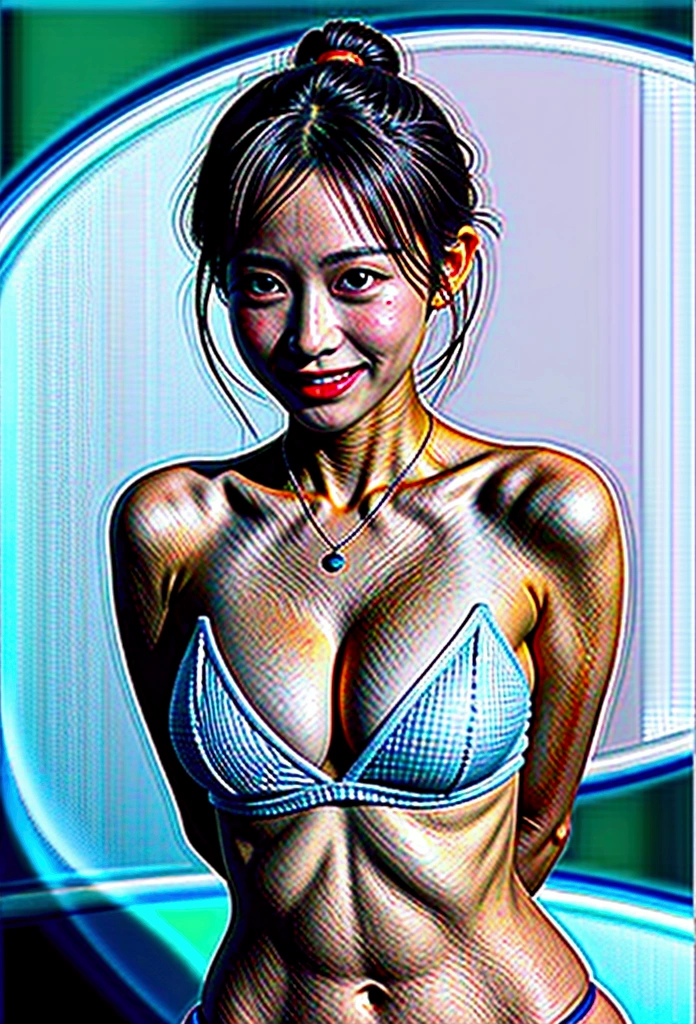 naked cheerleader, seductive smile, c cup , with black small demon horns, bun hairstyle, wearing necklace, showing butt