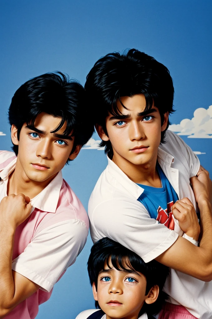 Make me a half 80s anime style image of two newborn brothers with blue eyes and black hair. One who is crying and the other calm