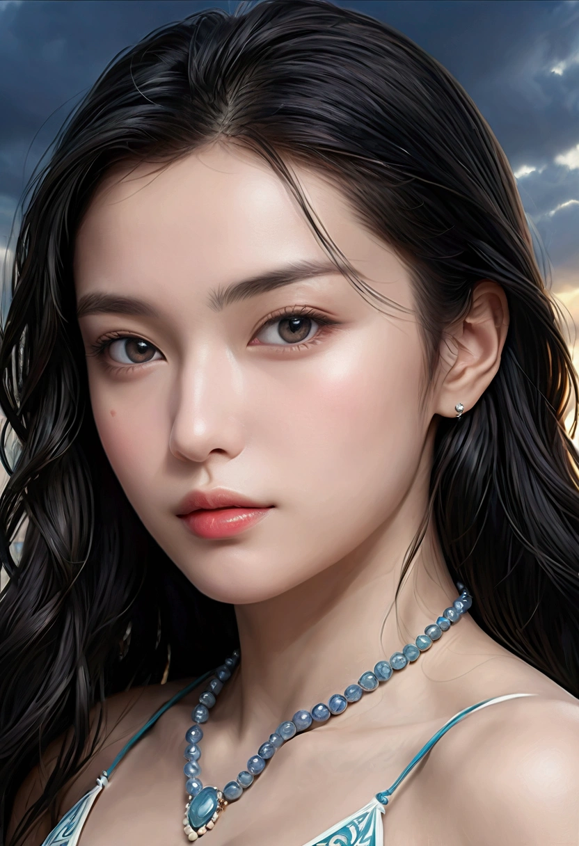((Masterpieces with up to 16K resolution:1.6)),Highest quality,it is really amazing,Very detailed,Ultra-high resolution,(Real:1.5),(Realistic:1.5),Increased depth of field,Cinematic Light,
Elegant mature woman,
Long black hair,(Exquisitely detailed face:1.5),Face with a gentle expression,Translucent white skin,Very sensitive skin,Great proportions,Anatomically correct body,
Sexy bikini swimwear,Artistic design,Beautiful and detailed pattern,Detailed fabric texture,Gorgeous necklace,
Coastal landscape at dusk,Dark clouds and dark sky,delay々Continuing sandy beach, Deserted Beach,Dark sea surface,
(Dramatic Angle:1.6),