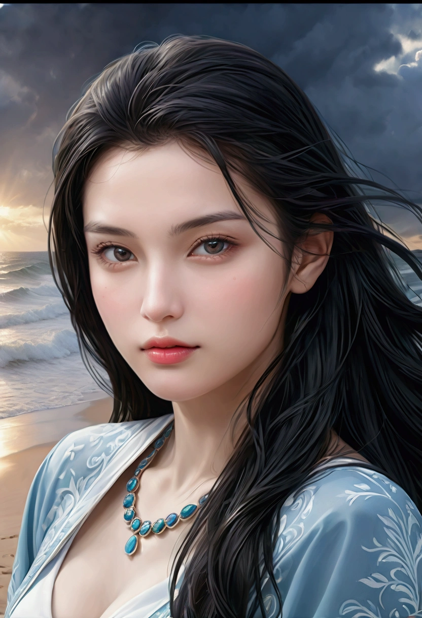 ((Masterpieces with up to 16K resolution:1.6)),Highest quality,it is really amazing,Very detailed,Ultra-high resolution,(Real:1.5),(Realistic:1.5),Increased depth of field,Cinematic Light,
Elegant mature woman,
Long black hair,(Exquisitely detailed face:1.5),Face with a gentle expression,Translucent white skin,Very sensitive skin,Great proportions,Anatomically correct body,
Sexy bikini swimwear,Artistic design,Beautiful and detailed pattern,Detailed fabric texture,Gorgeous necklace,
Coastal landscape at dusk,Dark clouds and dark sky,delay々Continuing sandy beach, Deserted Beach,Dark sea surface,
(Dramatic Angle:1.6),