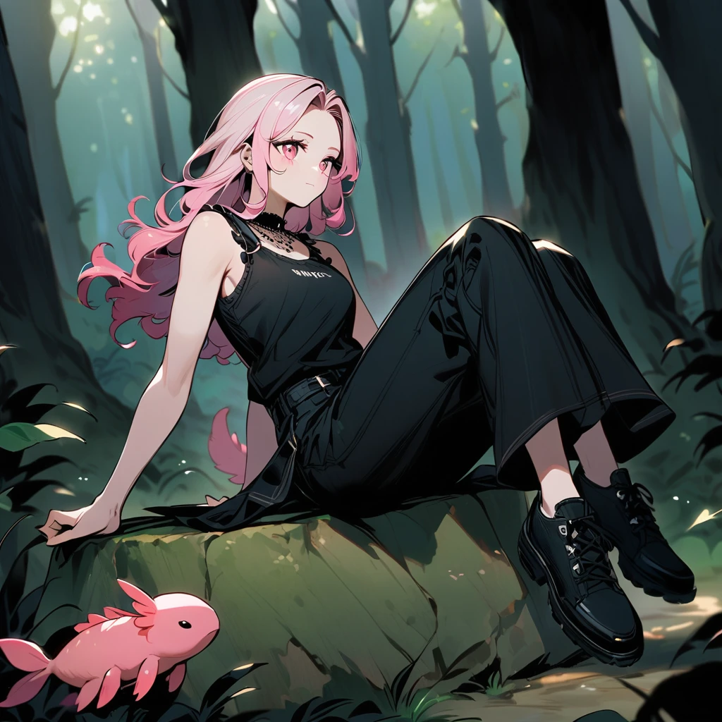 (well done: 1) woman, axolotl gills and tail, slightly wavy white-pink hair, fair skin, black tank top with white details, black pants, black shoes.  sitting on a rock in a forest.