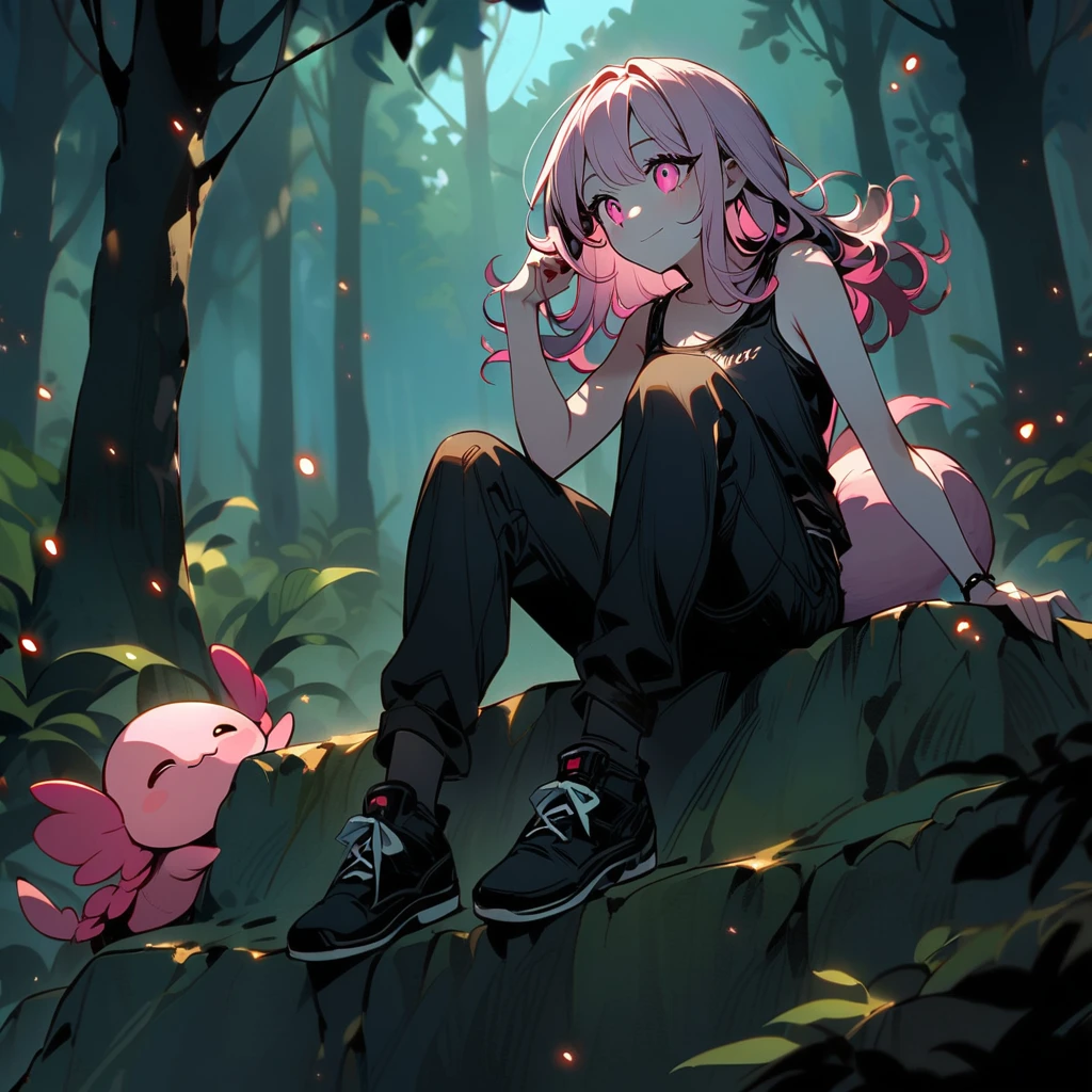 (well done: 1) woman, axolotl gills and tail, slightly wavy white-pink hair, fair skin, black tank top with white details, black pants, black shoes.  sitting on a rock in a forest.