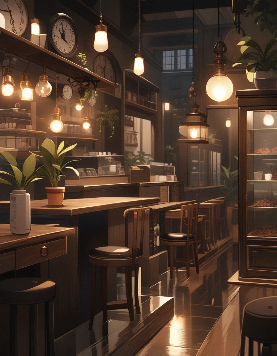 ((Inside the cafe with soft light)), ((many antique tables and chairs)), ((clock, houseplants, stairs, hanging L-shaped light, (cafe fixtures: 1.2)), shelf with coffee beans)), ((reflection))