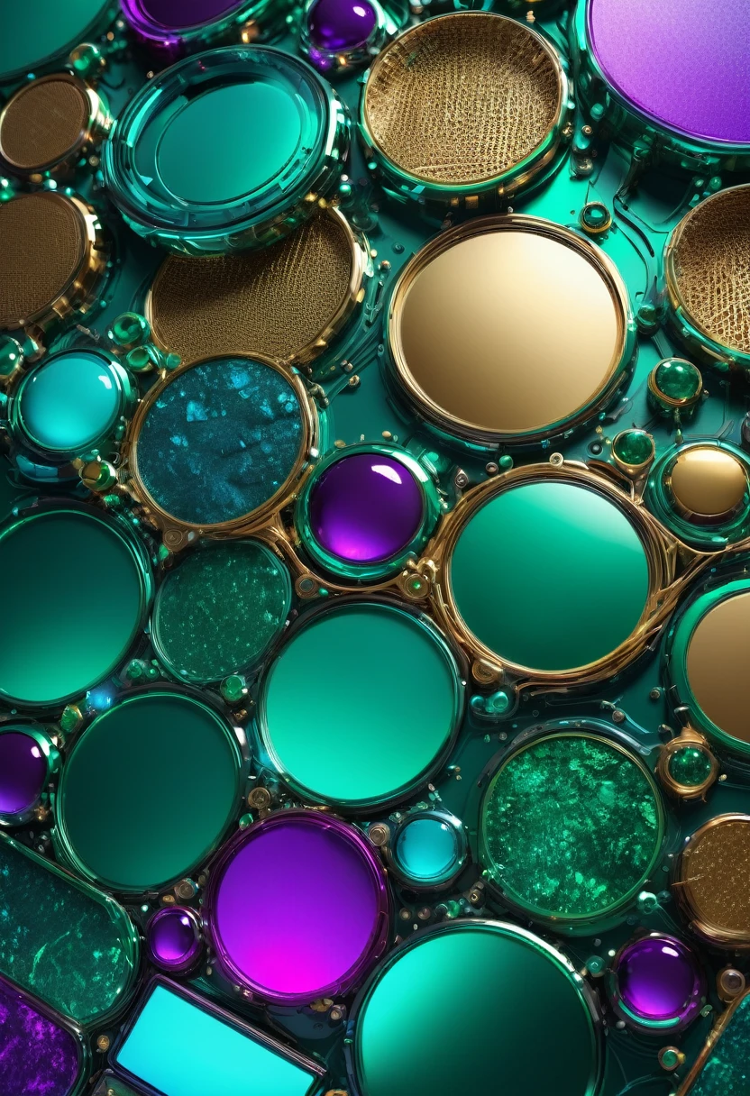 Technology photographs imitating natural processes combining digital effects, organic elements with geometric shapes and vibrant colors, Use of reflective and metallic materials for details that capture light and add a futuristic touch, (Natural Colors: Emerald green, ocean blue, earth brown. ) (Technological Tones: Electric blue, neon violet, metallic silver and gold) best quality, 4k, 8k, ultra highres