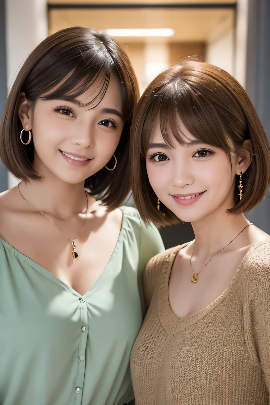 Two young women standing side by side、Light brown hair、Short Haircut、、ear piercing、Necklace around the neck、blouse、Closed Mouth Smile、Intricate details, Very detailed:1.2), 、 Looking into the camera,The background is the office