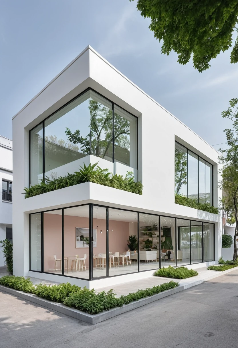 A modern one-story house with a small furniture showroom, with a facade less than 5 meters wide. The design includes large glass windows and doors, vertical display shelves, large mirrors, and well-placed lighting inside the showroom. The exterior features white and pastel tones with integrated green plants. The house is located on a street corner with a sidewalk and trees, providing a welcoming atmosphere. The showroom layout is organized for easy movement and optimal product visibility