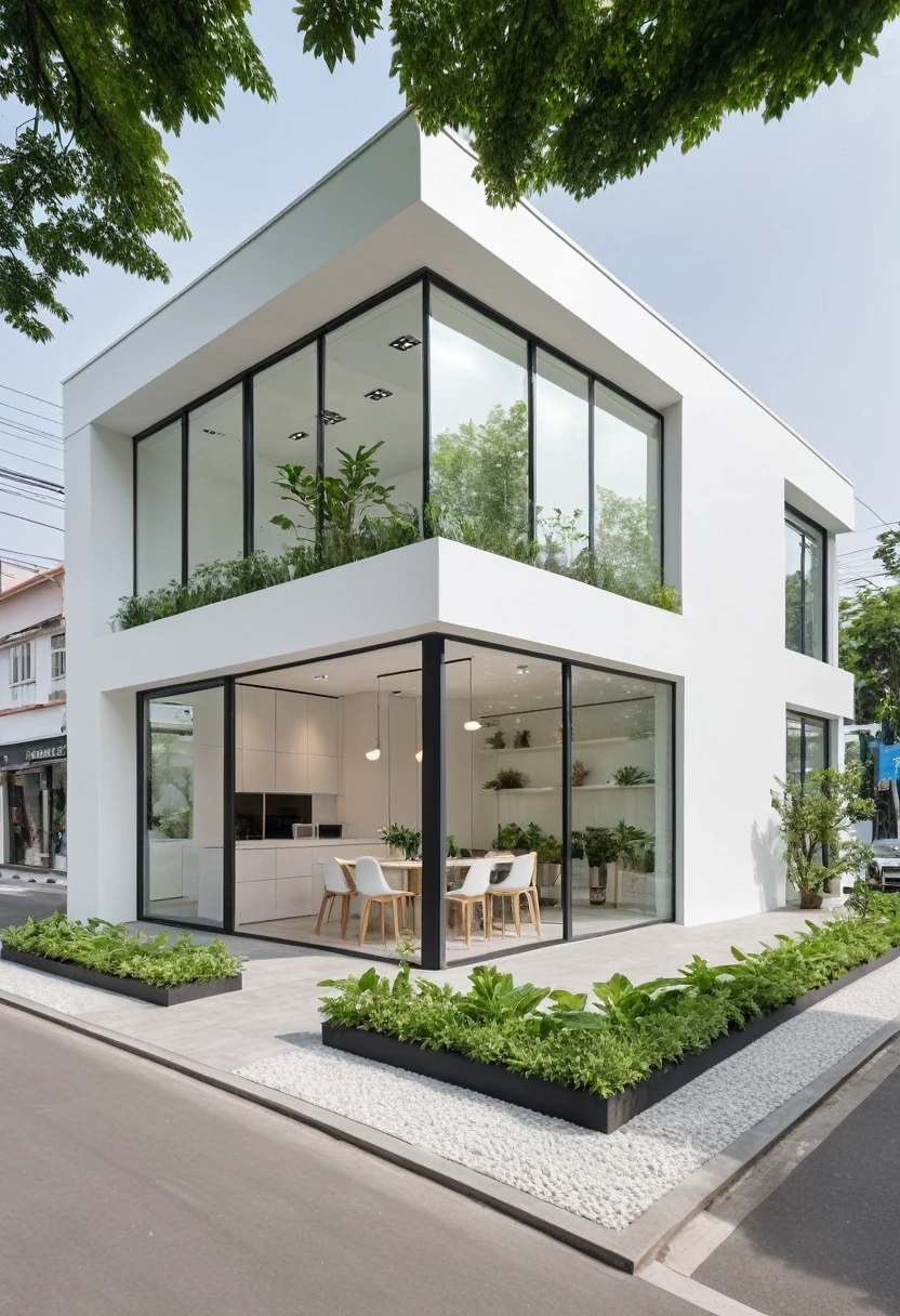 A modern one-story house with a small furniture showroom, with a facade less than 5 meters wide. The design includes large glass windows and doors, vertical display shelves, large mirrors, and well-placed lighting inside the showroom. The exterior features white and pastel tones with integrated green plants. The house is located on a street corner with a sidewalk and trees, providing a welcoming atmosphere. The showroom layout is organized for easy movement and optimal product visibility
