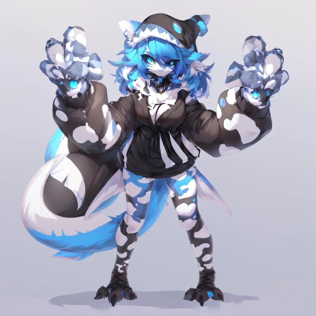anime character with blue hair and a black and white outfit, fullbody commission for, full body adoptable, commission for high res, fursona commission, female fursona, hyena fursona, female anthropomorphic wolf, fursona furry art commission, wolf fursona, full body concept, an anthro wolf, detailed full body concept