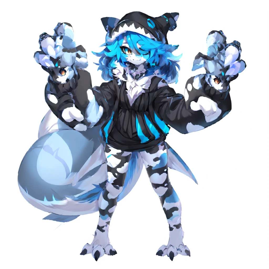 anime character with blue hair and a black and white outfit, fullbody commission for, full body adoptable, commission for high res, fursona commission, female fursona, hyena fursona, female anthropomorphic wolf, fursona furry art commission, wolf fursona, full body concept, an anthro wolf, detailed full body concept