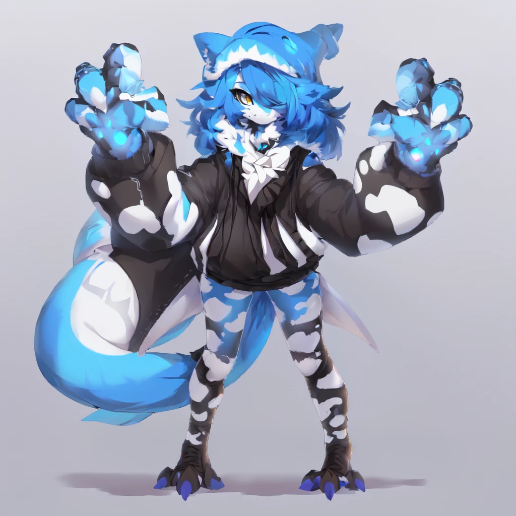 anime character with blue hair and a black and white outfit, fullbody commission for, full body adoptable, commission for high res, fursona commission, female fursona, hyena fursona, female anthropomorphic wolf, fursona furry art commission, wolf fursona, full body concept, an anthro wolf, detailed full body concept