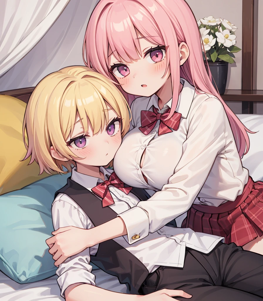 masterpiece, Highest quality, so beautiful, absurdists,High resolution,One girl, One boy,Cuddling in bed, like,sexly,Look at each one, blush,Age difference,bow tie,blondes,chest,Long Hair,Pink Hair,Tucked in shirt,short hair,skirt,Tent shirt,Slut,Big breasted sister and brother,Siblings, trousers,Pushing her big tits against her brother,(My brother's erect penis),((((姉のvery huge breasts,Sister crushes her big tits in her brother's face)))),(((((Very huge breasts))))),(((((small penis,NSFW,Soft Very HUGE breasts))))),((Bursting Breasts,弟の顔を隠すHuge breasts)),((((((((Huge breasts,Large Breasts,とてもLarge Breasts、すごくLarge Breasts、とてつもなくLarge Breasts)))))))),Two people gazing at each other,puffy nipples,(Face crushed by boobs,Huge breastsを弟の体に乗せる,Covering her mouth with her ,Breasts covering the face)),((huge breasts))