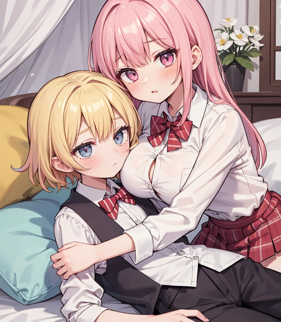 masterpiece, Highest quality, so beautiful, absurdists,High resolution,One girl, One boy,Cuddling in bed, like,sexly,Look at each one, blush,Age difference,bow tie,blondes,chest,Long Hair,Pink Hair,Tucked in shirt,short hair,skirt,Tent shirt,Slut,Big breasted sister and brother,Siblings, trousers,Pushing her big tits against her brother,(My brother's erect penis),((((姉のvery huge breasts,Sister crushes her big tits in her brother's face)))),(((((Very huge breasts))))),(((((small penis,NSFW,Soft Very HUGE breasts))))),((Bursting Breasts,弟の顔を隠すHuge breasts)),((((((((Huge breasts,Large Breasts,とてもLarge Breasts、すごくLarge Breasts、とてつもなくLarge Breasts)))))))),Two people gazing at each other,puffy nipples,(Face crushed by boobs,Huge breastsを弟の体に乗せる,Covering her mouth with her ,Breasts covering the face)),((huge breasts))