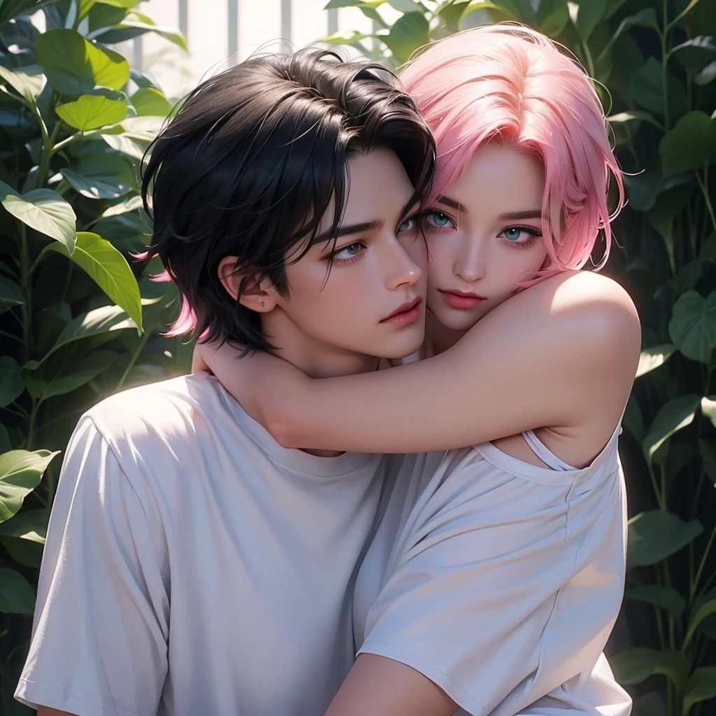 A tall handsome young man with short black hair, short bangs and black eyes, he is wearing a white T-shirt and white jeans, he hugs an incredibly beautiful femme fatale young woman, she has a pink hair with a very short haircut standing next to him, she has brilliant green eyes, She is wearing a simple black dress. Masterpiece, perfect image, realistic pictures, detailed face study, full-length image, 8k, detailed image. an extremely detailed illustration, a real masterpiece of the highest quality, with careful drawing. Sasuke Uchiha and Sakura Haruno