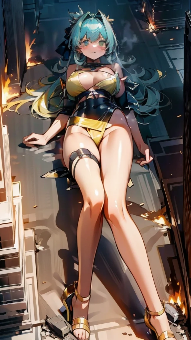 Giantess with firm , long sexy legs, yellow hair and in bikini is lying on the ground, while the city at her feet burns in flames for the destruction she has caused, while people run away from her, so as not to die crushed by her heels. Giantess, goddess, macrophilia, curvaceous body, hentai, fetish, sexy legs, bikini, high heels, high quality