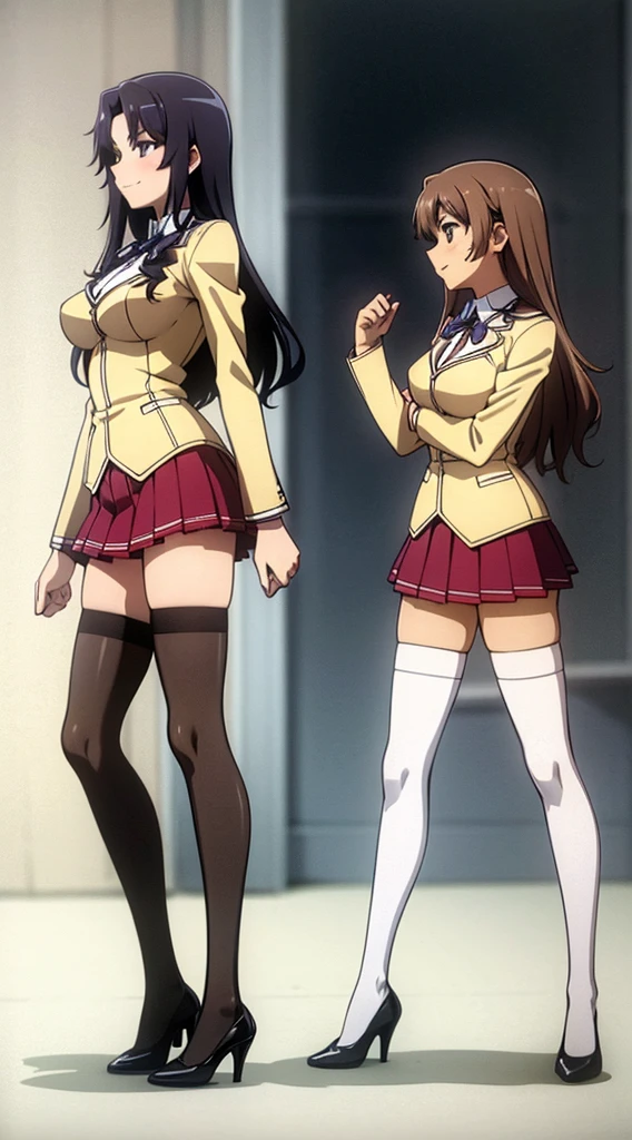 Masterpiece, high quality, 2girls, duo, identical twins, identical sisters, brown hair, curly hair, matching hairstyles, hazel eyes, medium sized bust, (school uniform, sexy school uniform, blazer, lace section, ribbon, rainbow short skirt, white thigh-high socks, black high heels, matching outfits), smile, flat_Farbe, full body, seductive pose, Duo pose: From the side angle, people's body curves are beautiful.