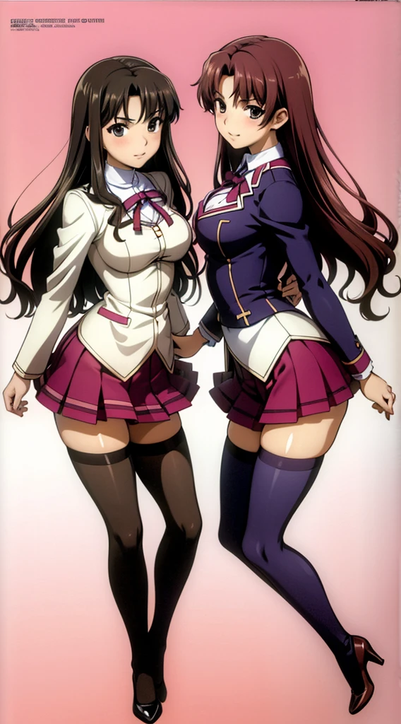 Masterpiece, high quality, 2girls, duo, identical twins, identical sisters, brown hair, curly hair, matching hairstyles, hazel eyes, medium sized bust, (school uniform, sexy school uniform, blazer, lace section, ribbon, rainbow short skirt, white thigh-high socks, black high heels, matching outfits), smile, flat_Farbe, full body, seductive pose, Duo pose: From the side angle, people&#39;s body curves are beautiful.
